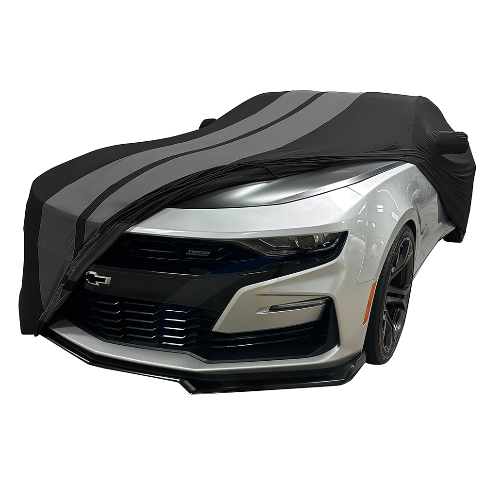 2010-2024 Camaro Ultraguard Stretch Satin Indoor Car Cover : Sport Series - Black with Gray Stripes