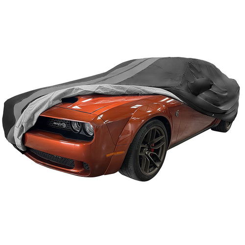 2008-2023 Dodge Challenger Ultraguard Plus Car Cover - 300D Indoor/Outdoor Protection - Black with Gray Stripes