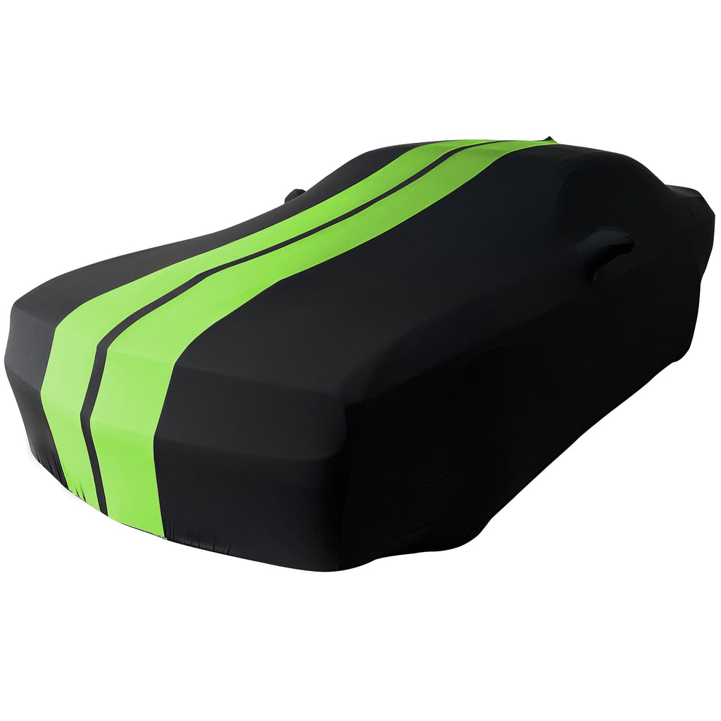 2008-2023 Dodge Challenger Ultraguard Stretch Satin Indoor Car Cover : Sport Series - Black with Green Stripes