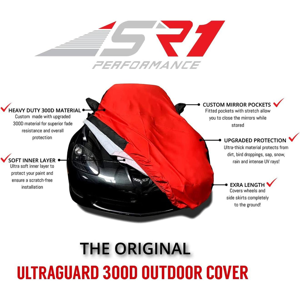 2008-2023 Dodge Challenger Ultraguard Plus Car Cover - 300D Indoor/Outdoor Protection - Black with Red Stripes
